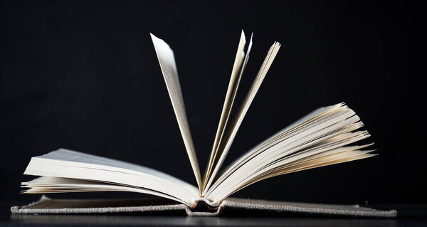 открытая книга на столе, темный фон
