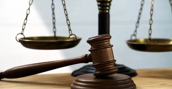 Huge Judge Wooden Gavel Blurred Background — Stock Photo, Image