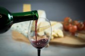Appetifikující sýr s hrozny a vínem na dřevěném pozadí