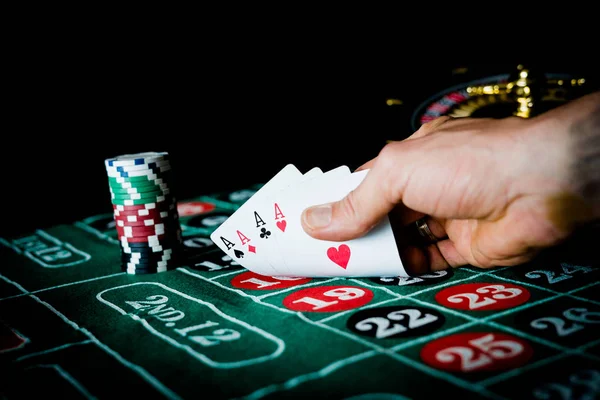 Man Playing Poker Holding Four Aces Casino Gambling Games — Stock Photo, Image