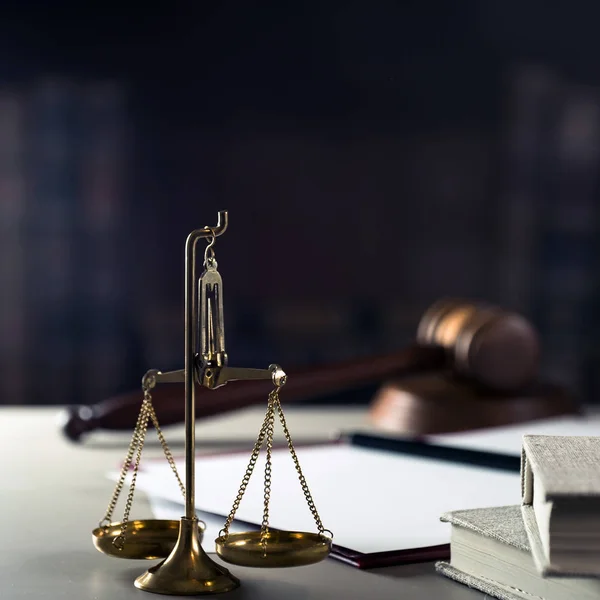 Still Life Law Justice Symbols Wooden Table Background — Stock Photo, Image