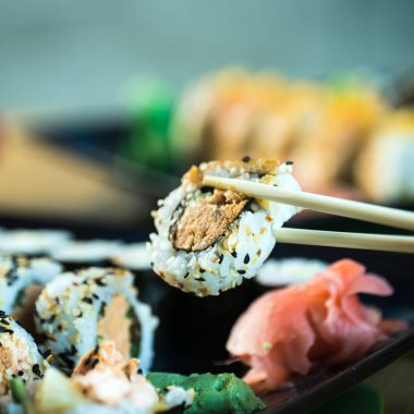 Taze Japon suşi böreği yiyen kişi, popüler Asya yemekleri..