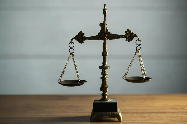 Still Life Law Justice Scales Wooden Table Background — Stock Photo, Image