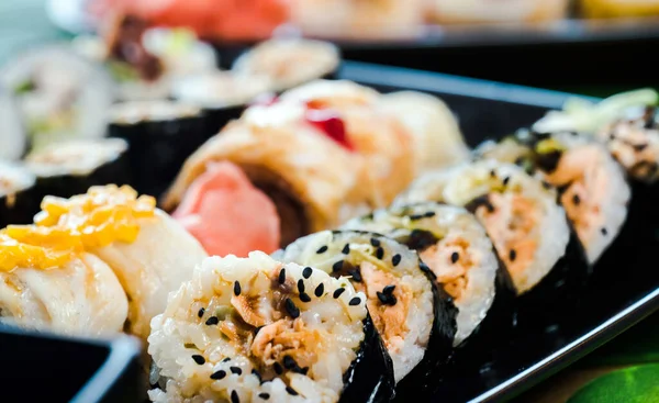 Closeup Sushi Roll Set Table Japanese Food Concept — Stock Photo, Image