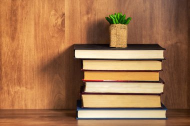 Ahşap rafta kapalı kitap yığını.