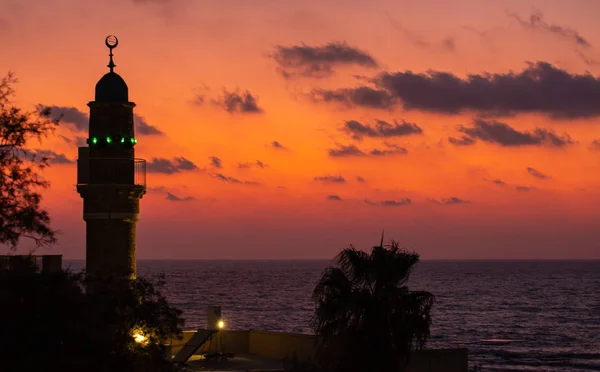 Moskee Bij Old Jaffa Zonsondergang Achtergrond — Stockfoto