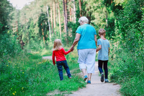 Бабушка с детьми ходить на природе — стоковое фото