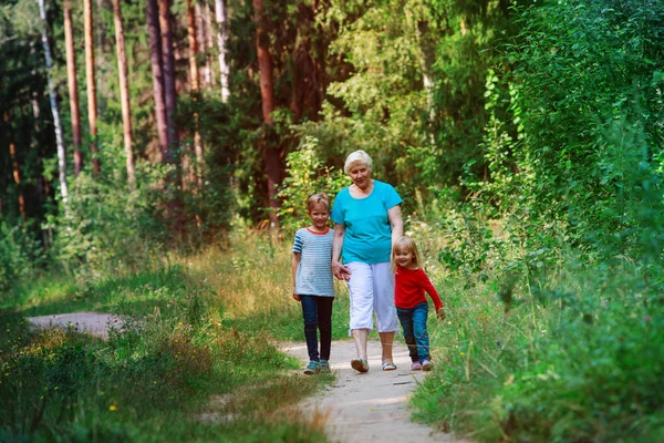 Счастливая пожилая бабушка с детьми гуляет на природе — стоковое фото