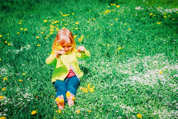 Schattig klein meisje met bloemen in de natuur — Stockfoto