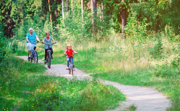 Aktywna babcia z dziećmi jazda na rowerach w przyrodzie — Zdjęcie stockowe
