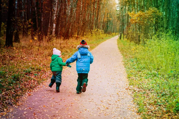 Gyerekek - fiú és lány-run játék őszi erdő — Stock Fotó