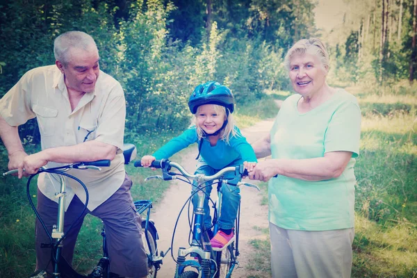 Aktiv senior par med små barnbarn på cyklar i naturen — Stockfoto