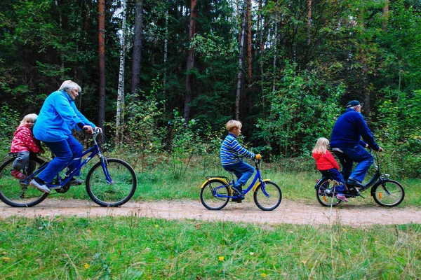 Abuelos mayores activos con niños montando bicicletas en la naturaleza — Foto de Stock