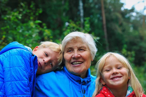 Счастливая бабушка и внуки наслаждаются быть вместе на природе — стоковое фото