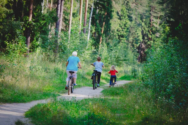 Aktiv äldre mormor med barn ridning cyklar i naturen — Stockfoto