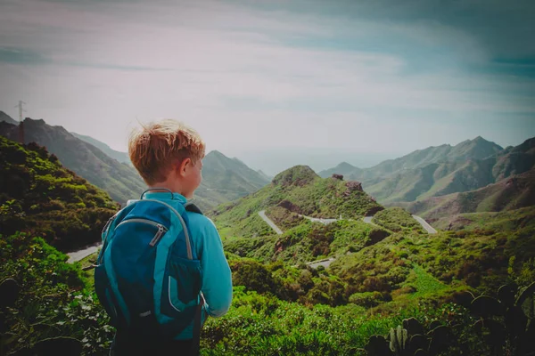 Liten pojke vandring resor i bergen tittar på view — Stockfoto