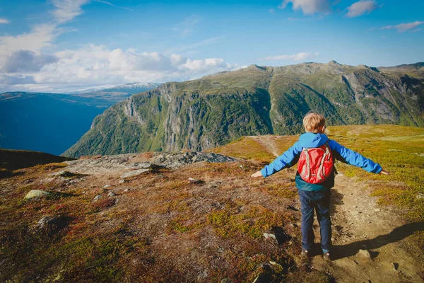 Malý chlapec cestování pěší turistiku v horách, rodina v přírodě — Stock fotografie