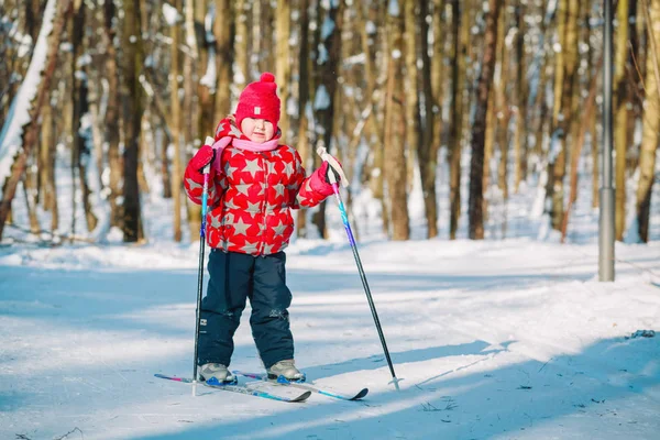 Маленька дівчинка катається на лижах в зимовій природі, активний спосіб життя — стокове фото