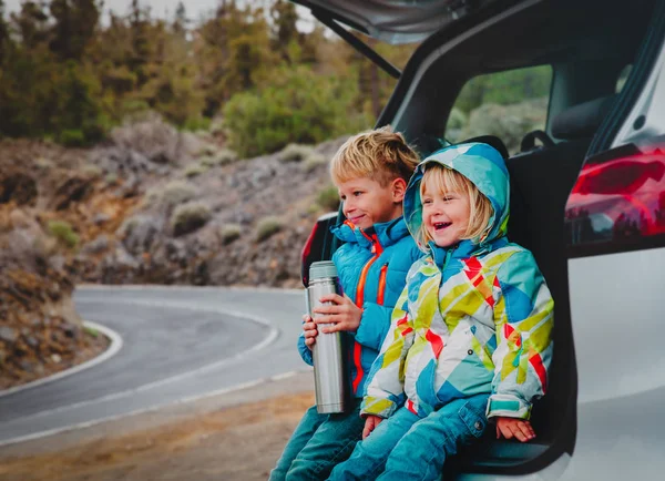 Szczęśliwy małego chłopca i dziewczyny cieszyć podróży samochodem — Zdjęcie stockowe