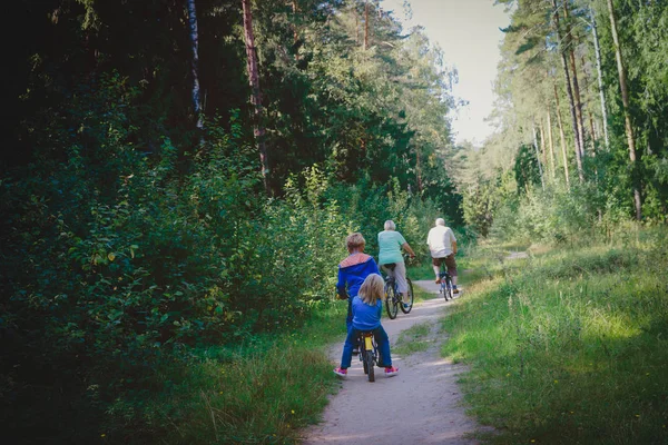 Senior farföräldrar med barn ridning cyklar i naturen — Stockfoto