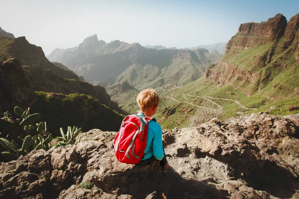 küçük çocuk manzaraya bakarak dağlarda hiking