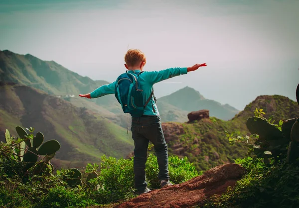 幸せな少年は、家族旅行、山でハイキングを楽しむ — ストック写真