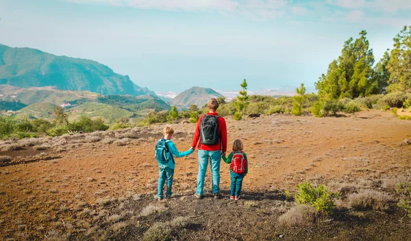 息子と娘が山でハイキングしている父 — ストック写真