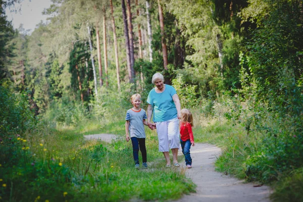 Avó sênior feliz com crianças andar na natureza — Fotografia de Stock