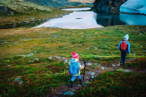 Malý chlapec a dívka cestovat v horách, rodinné pěší v přírodě — Stock fotografie