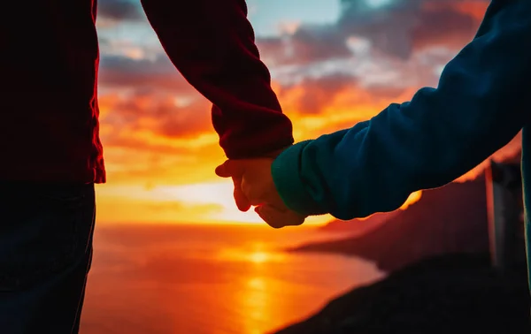 Σιλουέτα του πατέρα και του γιου κρατώντας τα χέρια στο ηλιοβασίλεμα της φύσης — Φωτογραφία Αρχείου