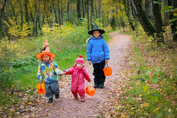 Kids celebrating halloween, boy and girls trick or treating in autumn — Stock Photo, Image