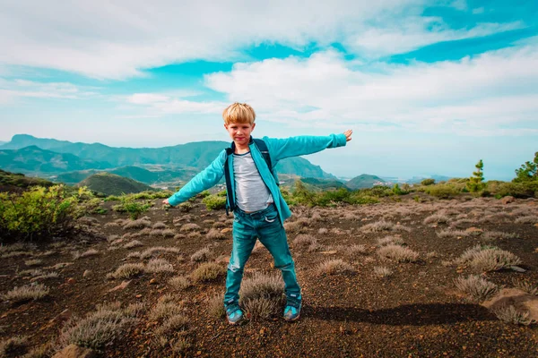 Glücklicher Junge wandern in den Bergen, Familienreise — Stockfoto