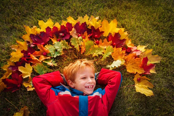 Happy cute boy play in autumn fall leaves, kid enjoy nature — Stok Foto