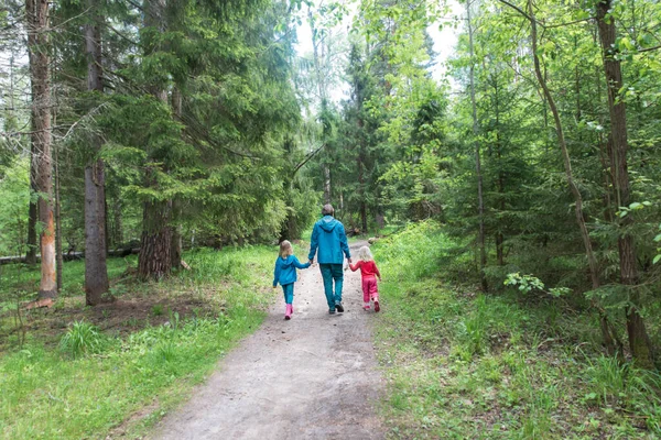 Padre con dos hijos caminar en el bosque, senderismo familiar en la naturaleza — Foto de Stock