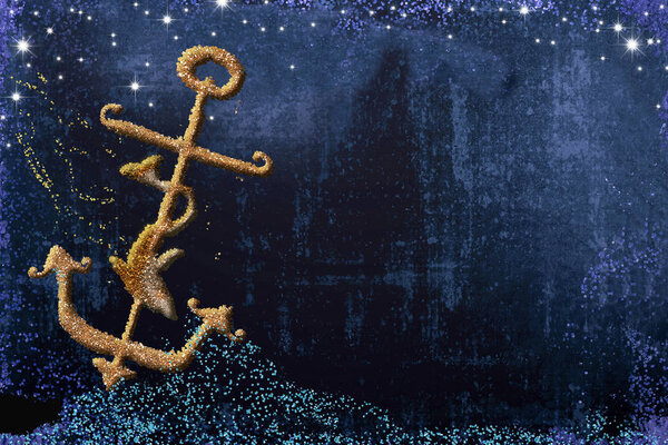 Латинская поговорка "Festina lente" - спешите медленно концепцию, свободно рисовать с золотым блеском якоря и дельфина в голубую ночь с фоном звезд с копировальным пространством
.