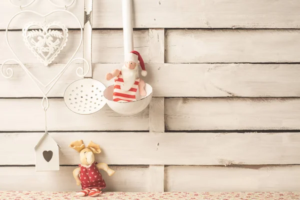 Groeten Kerstkaarten Menu Achtergrond Oude Santa Rendieren Dools Vintage Keuken — Stockfoto