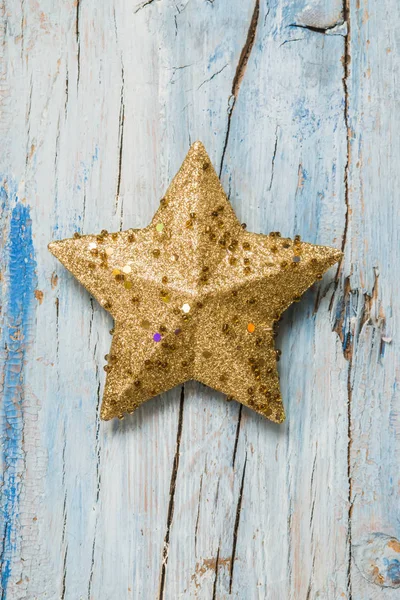 Chistmas Karta Zlatá Hvězda Staré Rustikální Modré Dřevěné Pozadí — Stock fotografie