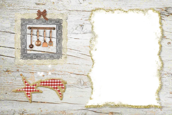 圣诞晚餐菜单背景 伯利恒之星和可爱的厨房用具与空白纸写菜单或食谱 — 图库照片