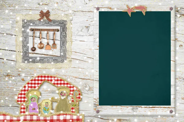 Oorspronkelijke Achtergrond Voor Kerstmenu Schattig Kerststal Keukengerei Een Leeg Frame — Stockfoto