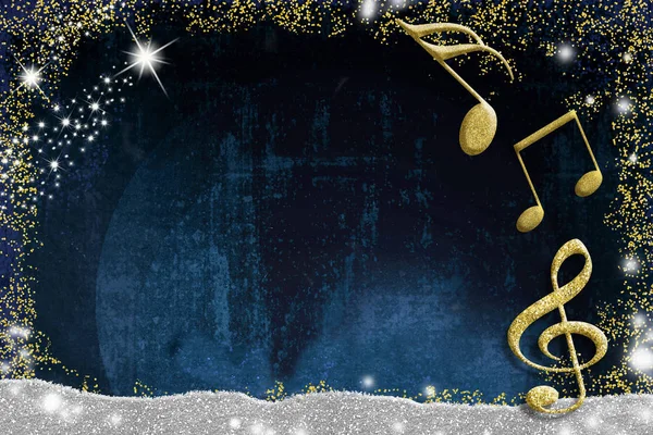 Музыкальное Приглашение Музыкальные Ноты Золотом Блеске Звезды Пространством Текста Синем — стоковое фото