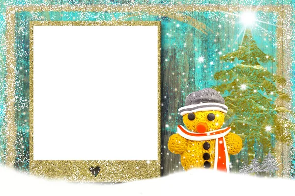 Christmas photo frame card.Snowman and christmas tree figurine with an empty frame to put photo or text