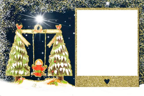 Christmas Photo Frame Card Figurine Girl Swing Christmas Trees Golden — Stock Photo, Image