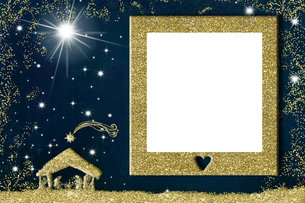 Weihnachten Fotorahmen Grußkarte Krippe Freihändig Mit Goldenem Glanz Und Goldenem — Stockfoto