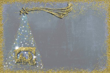 Mavi gece kopya alan arka plan christmas doğum sahnesi ve ağaç tebrik kartları, freehand Doğum sahnesi ve altın glitter ile Noel ağacı çizim soyut