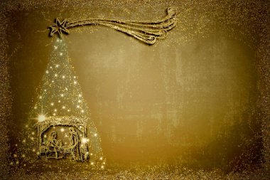 Noel Doğum sahnesi ve ağaç tebrik kartları, soyut serbest el çiziminin Doğum sahnesi ve altın glitter, altın gece kopya alan arka plan ile Noel ağacı.