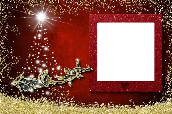 Vánoční Foto Rámeček Blahopřání Santa Claus Sáně Husy Hvězdy Vánoční — Stock fotografie