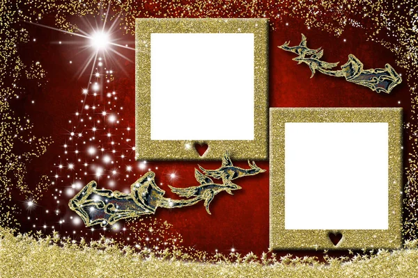 圣诞节两个相框问候牌 圣诞老人雪橇 鹅和星圣诞树与两个金色的空相框 把照片或写在红色纸背景上的消息 — 图库照片
