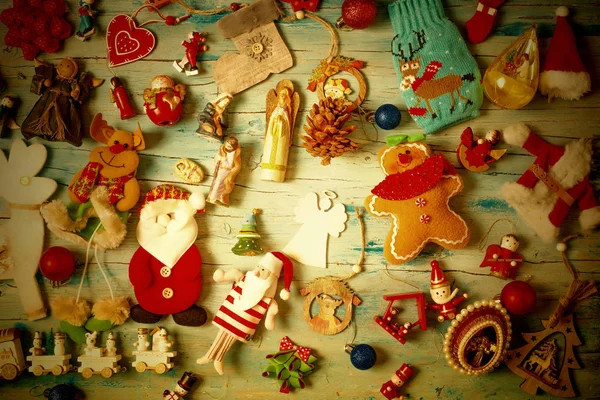 Natal Ano Novo Fundo Com Decorações Presépio Papai Noel Anjos — Fotografia de Stock