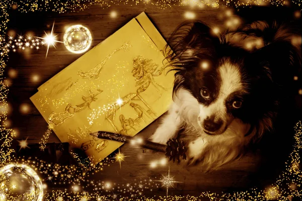 Köpek Noel Tebrik Kartları Bir Elf Ile Küçük Köpek Çizim — Stok fotoğraf
