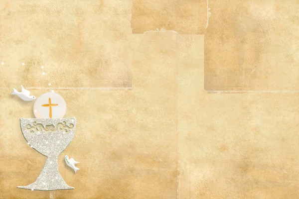 Eerste Heilige Communie Uitnodigingskaart Zilveren Kelk Duiven Achtergrond Van Het — Stockfoto